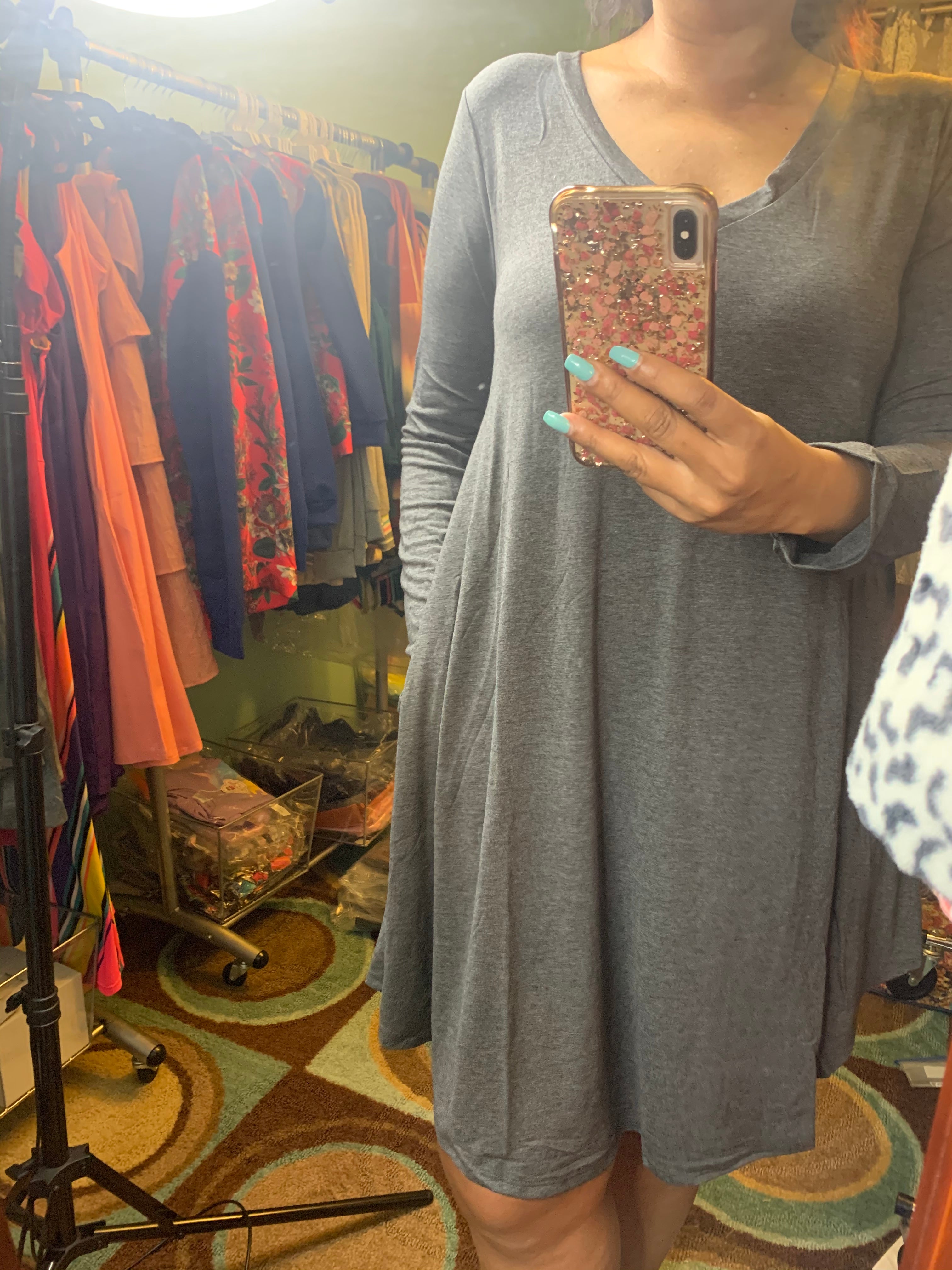 Plus Size Grey Long Sleeve Pocket Dress