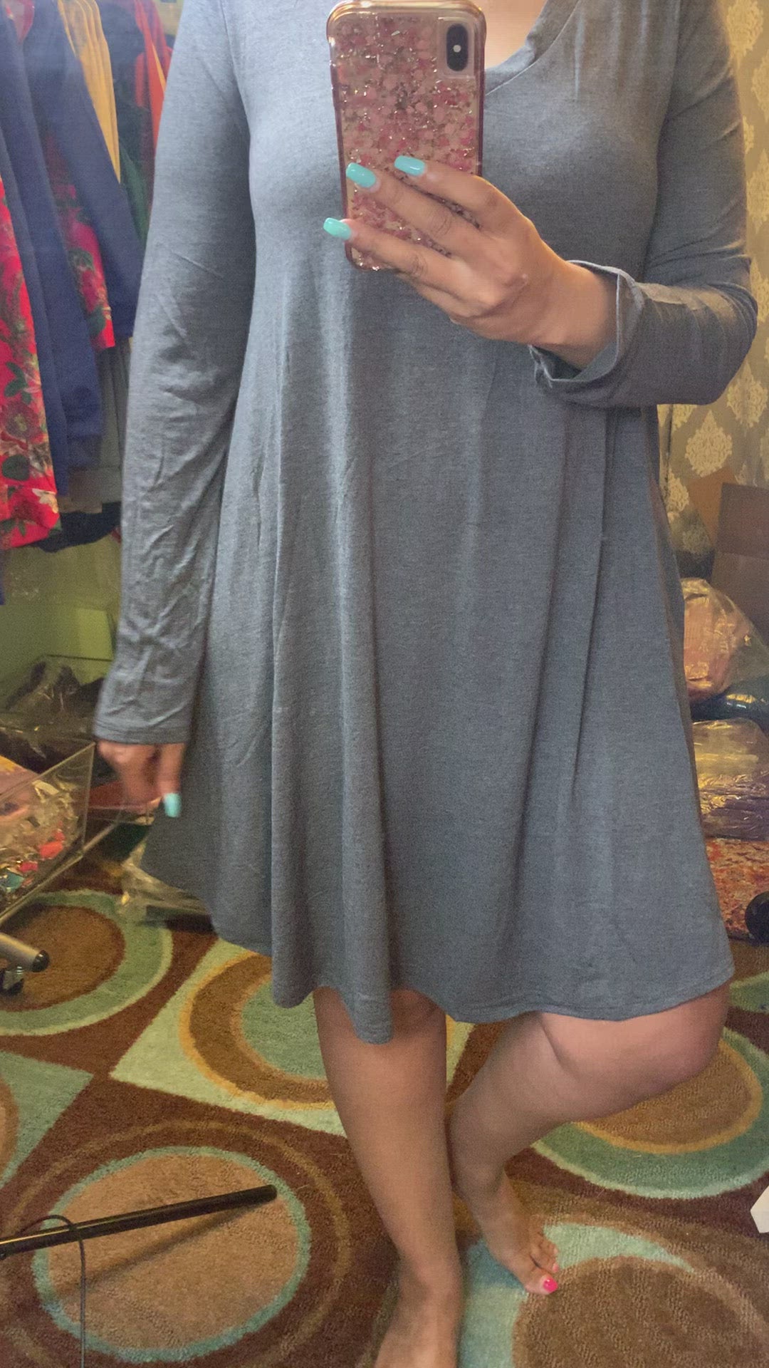 Plus Size Grey Long Sleeve Pocket Dress