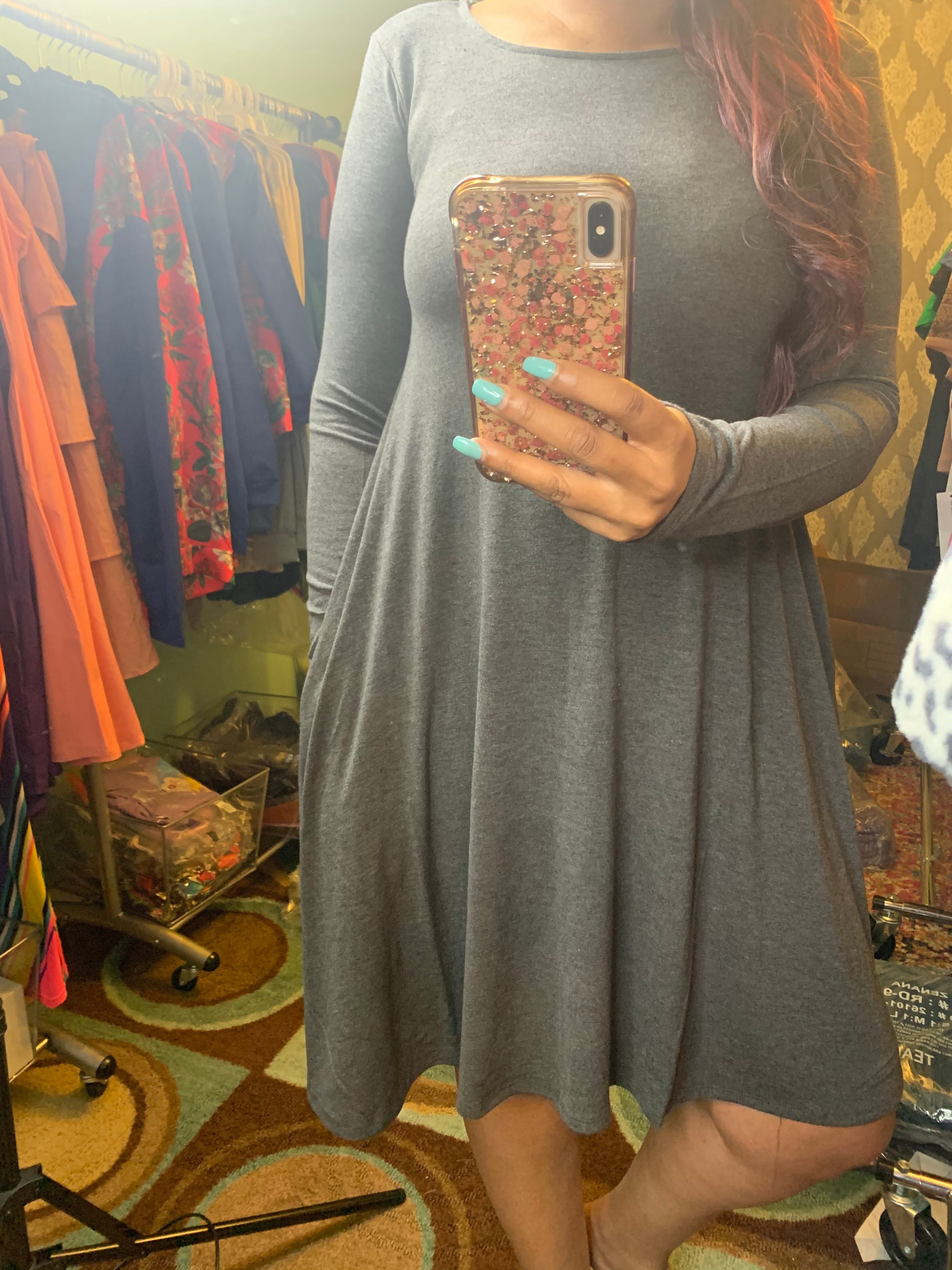 Grey Long Sleeve Pocket Dress