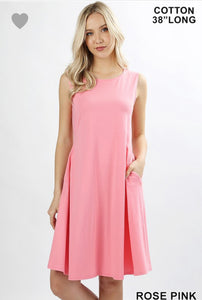 Rose Pink Sleeveless Pocket Dress